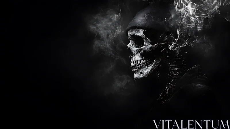 Smoldering skull profile in dense rising smoke on black.