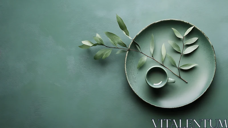 Monochrome green plate, cup, and leaves minimal composition.