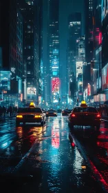Neon-saturated rainy avenue with taxis and reflective wet asphalt.