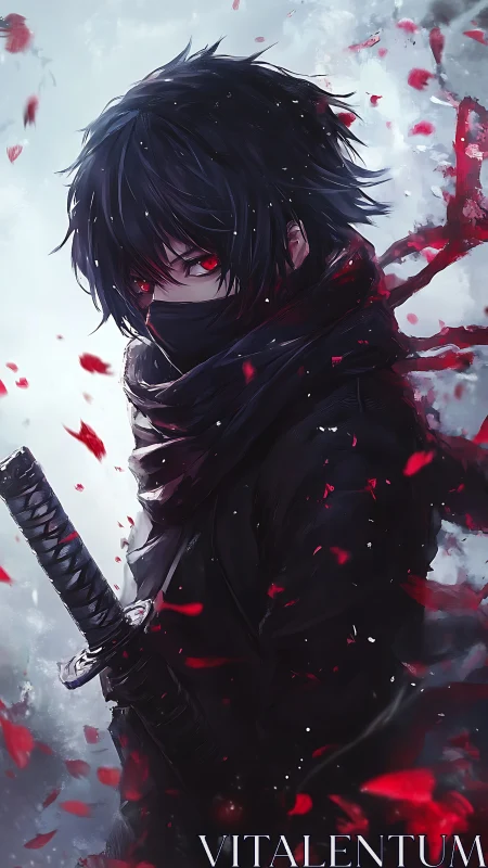 Crimson-eyed anime swordsman amid dynamic petal vortex field.