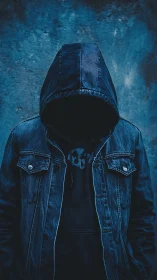 Hooded figure in denim jacket against textured blue wall.