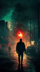 Silhouetted figure in neon alley facing distant explosion.