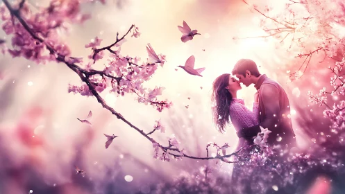 Romantic couple embraced in photorealistic soft-focus bokeh landscape with pink flowering trees