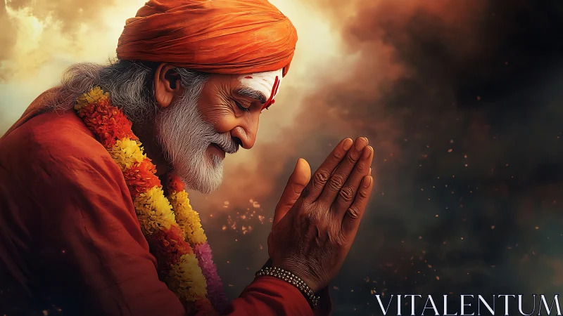 Elderly man in orange garments with folded hands profile.