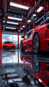 Red supercars gleam under rain in a high-end detailing bay