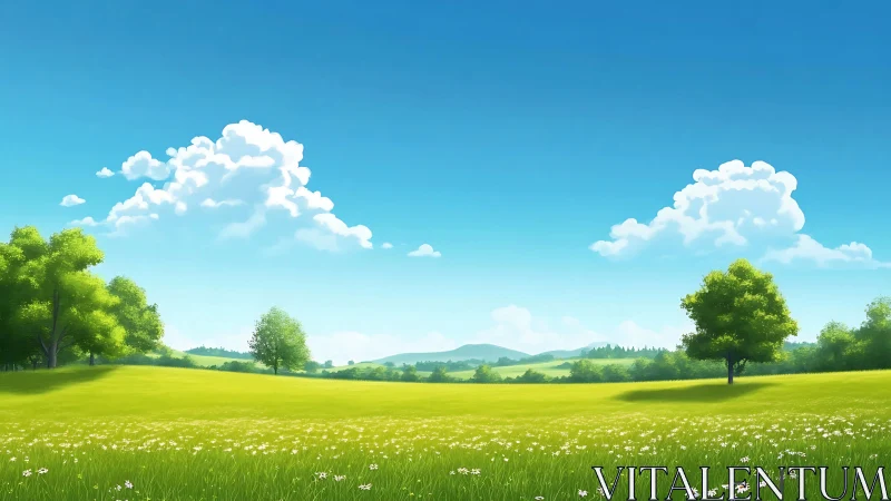 Soft summer meadow under storybook blue skies.