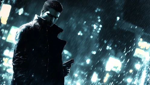 Armed man in long coat stands in rainy neon city street.