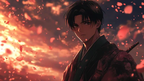 Samurai youth under sunset sky with drifting petals.