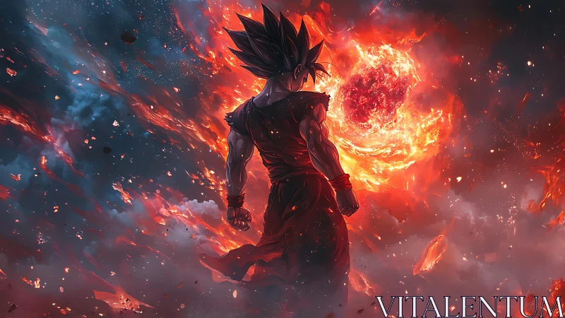 Dynamic anime warrior amid apocalyptic cosmic firestorm.