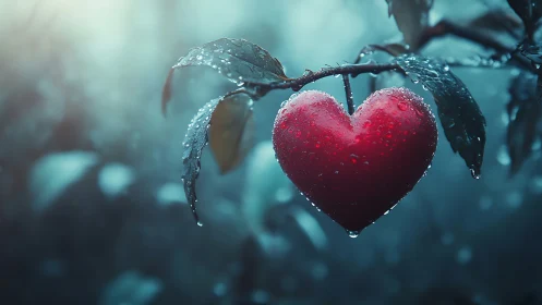 A Heart-Shaped Fruit Glistens with Morning Dewdrops on Branch