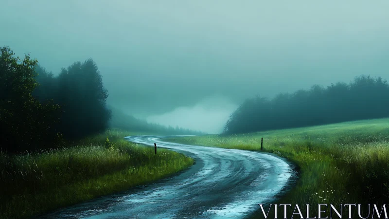 Misty country road curvature in atmospheric landscape painting.
