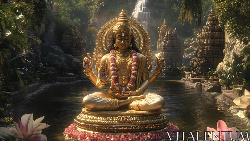 Golden seated deity statue is positioned before stepped waterfall