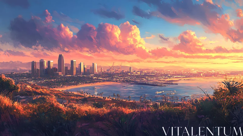 Sunlit coastal metropolis under glowing sunset clouds.
