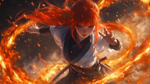 Flaming martial sorceress carves a blazing spiral of fury