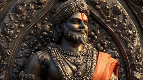 Regal warrior sculpture in ornate bronze relief setting.