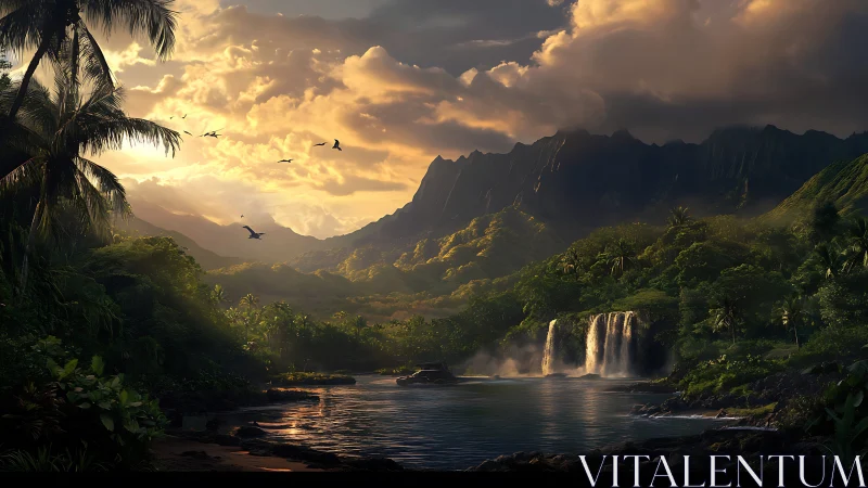 Sunlit jungle valley opens toward misty twin waterfalls.