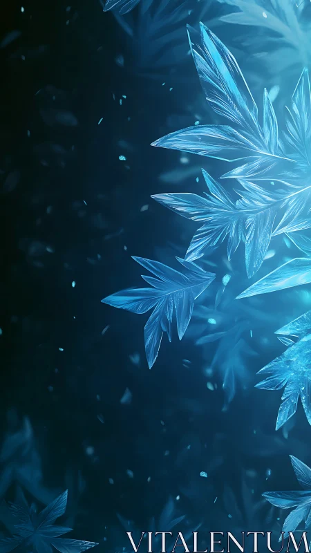 Sharp blue ice crystal leaves on dark abstract background.