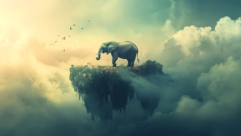 Elephant stands on floating cliff above glowing cloud sea.