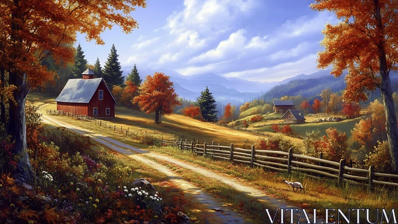 Autumn farm valley with red barn under crisp blue sky.