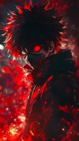 Masked fire-eyed antihero stands in a storm of crimson flames