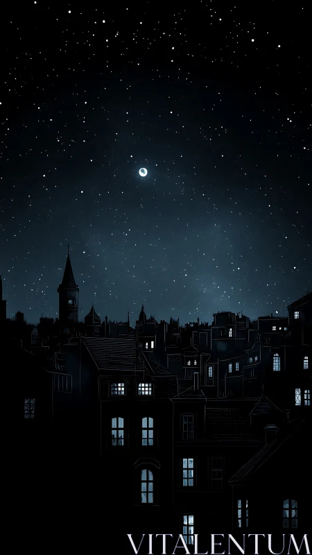 Moonlit city rooftops rest beneath a quiet starry sky