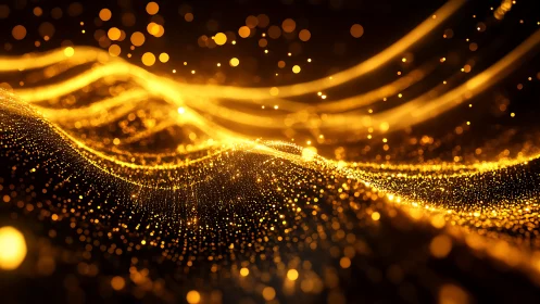 Golden particle waves form luminous flowing abstract field.