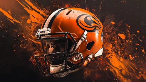 Explosive orange football helmet rendered in dynamic 3D lighting