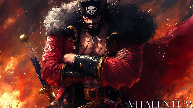 Incandescent pirate commander amid combustion field dynamics.