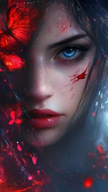 Luminous blue-eyed warrior with shattering crimson butterflies.