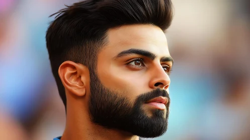 Thoughtful bearded man gazes ahead in soft sunset light