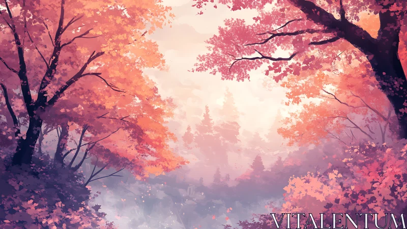 Autumn forest pathway rendered with golden and magenta foliage lighting