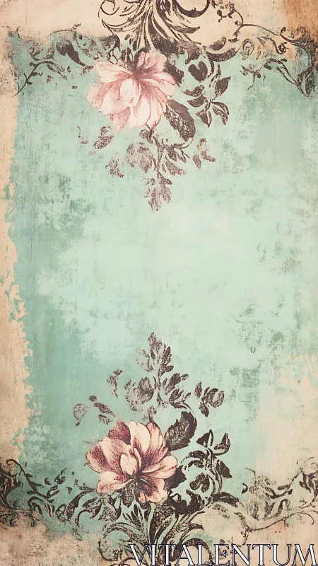 Vertical floral frame with distressed turquoise ground