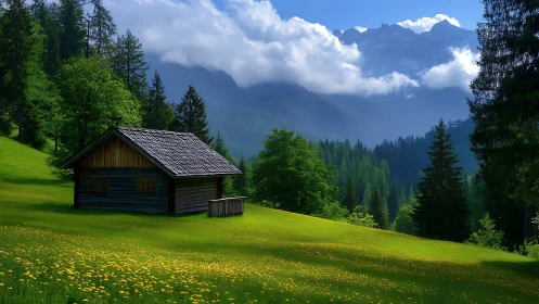 Wood cabin on alpine meadow below clouded mountain peaks.