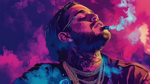 Neon smoke crowns a jeweled rebel in vapor-bright twilight