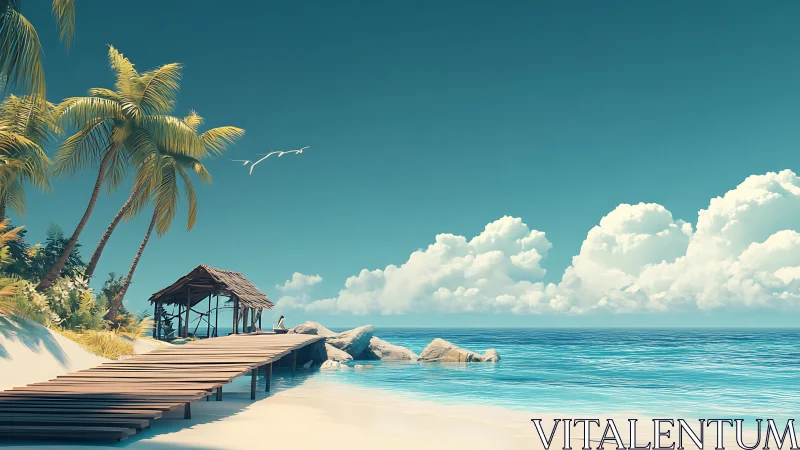 Tropical Coastal Pier with Thatched Pavilion: Serene Seascape Rendering