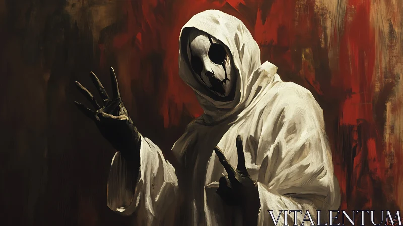 Hooded skull figure posing against smeared crimson background.