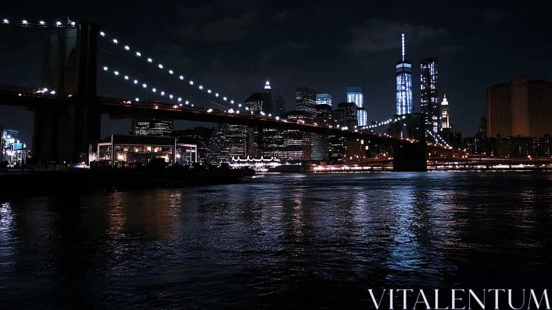 Midnight bridge strings stitch neon Manhattan into water