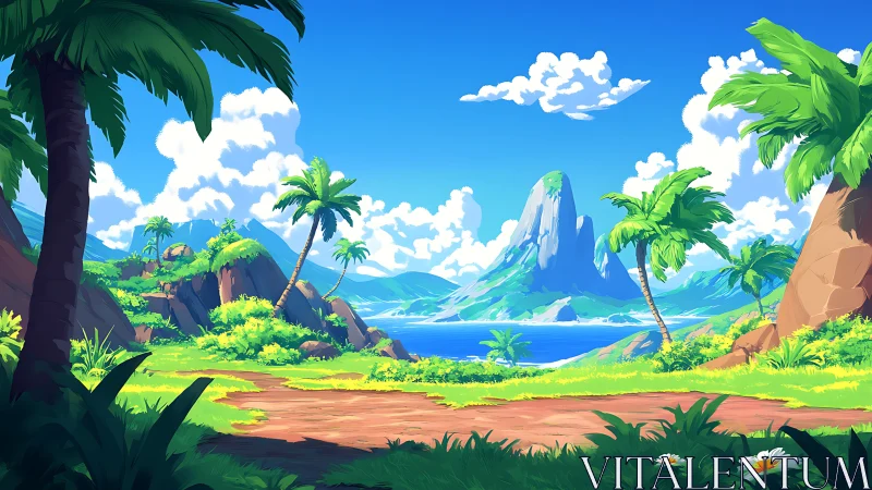 Tropical island landscape with towering rock formation and palm trees