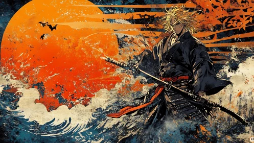 Samurai figure before large red sun and turbulent sea.