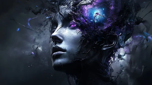 Digital portrait shows fragmented head with luminous core glow