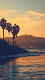 Sunset palm shoreline in warm tonal landscape photography.