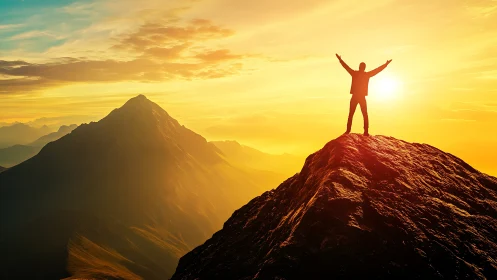 Sunlit summit triumph with silhouetted figure at sunrise.