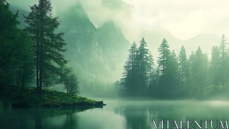 Misty Mountain Lake with Alpine Forest and Peaks