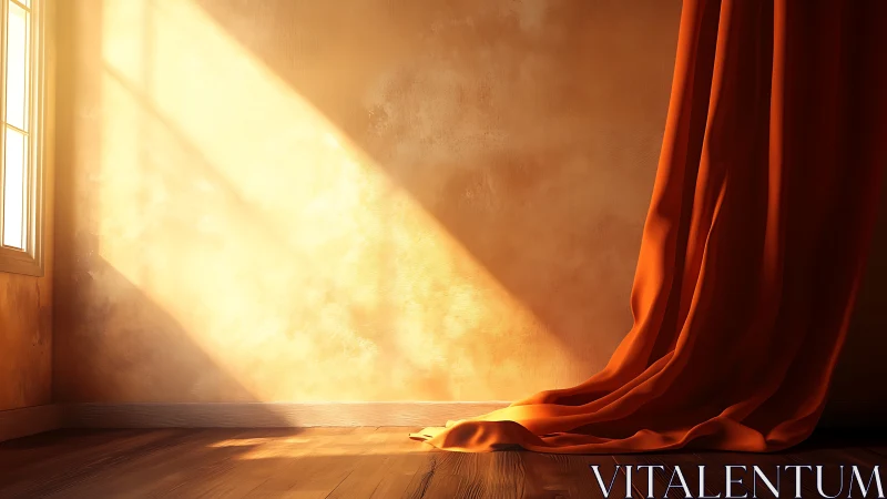 Sunlit textured wall with orange curtain in warm interior