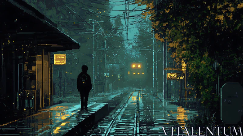 Solitary commuter awaits a distant train in rainy neon dusk