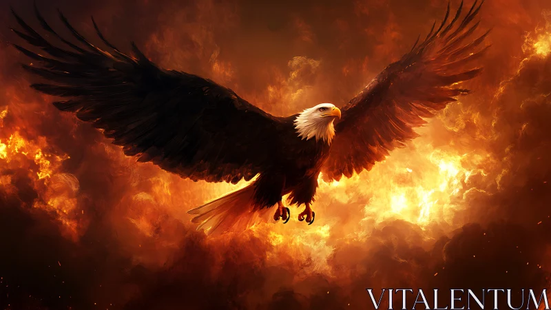 Majestic Bald Eagle Soaring Through Fiery Skies in Dramatic Art.