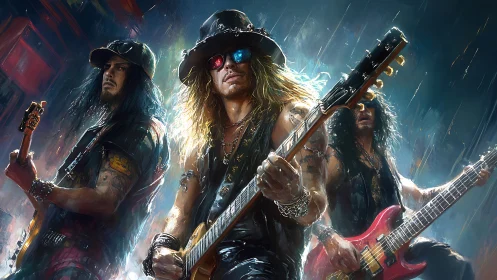 Rock guitar trio shred under neon rainlit stage lights.