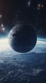 Massive spherical space station orbiting a blue planet.