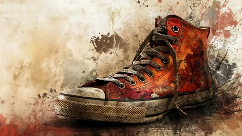 Weathered red sneaker rendered in gritty digital painting style