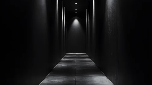 Minimalist dark corridor with focused ceiling spotlights.